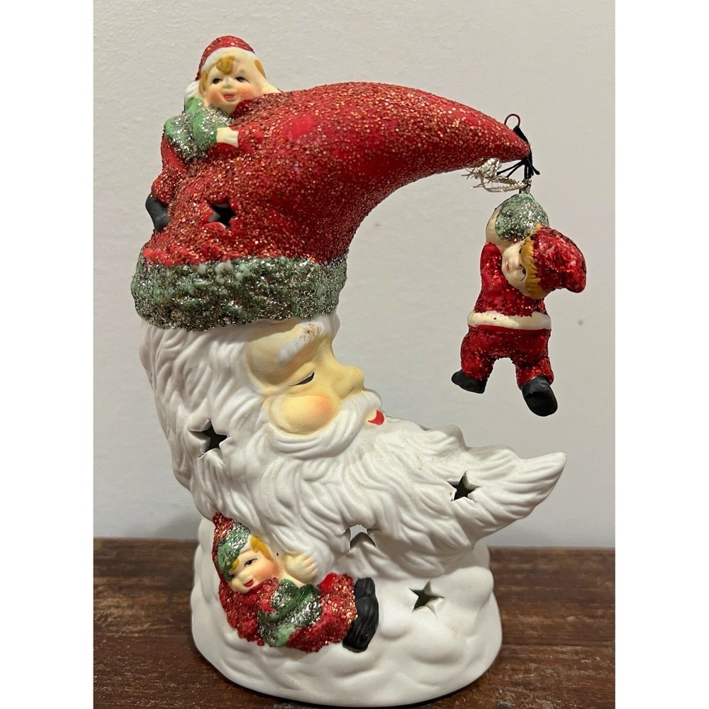 Ceramic Santa Claus Christmas Figurine Glitter Hat Hanging Ornament Painted 7 in